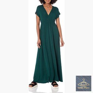 V-Neck Short Sleeve Waisted Maxi Dress, Rayon Stretch Jersey, Plus Size